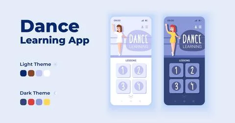 Dance learning app cartoon smartphone interface vector templates set Stock Illustration