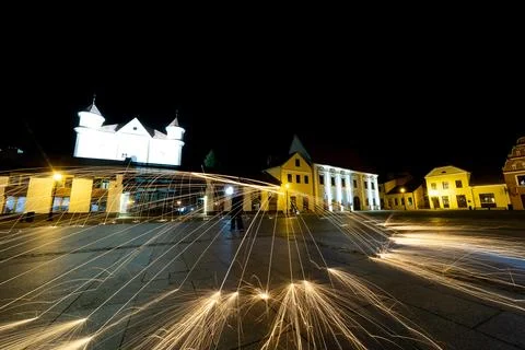 The Dance of Light and Fire in the Evening at Kedainiai Old Town  10 28 2024 Stock Photos