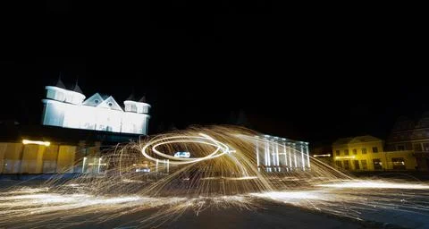 The Dance of Light and Fire in the Evening at Kedainiai Old Town  10 28 2024 Foto stock