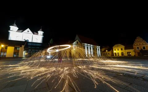 The Dance of Light and Fire in the Evening at Kedainiai Old Town  10 28 2024 Foto stock