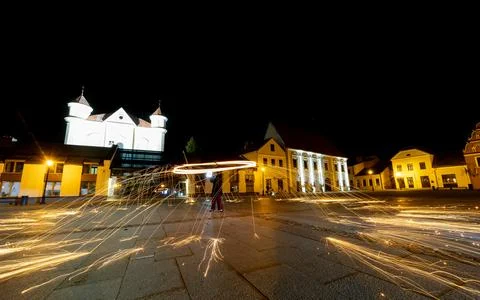 The Dance of Light and Fire in the Evening at Kedainiai Old Town  10 28 2024 Stock Photos