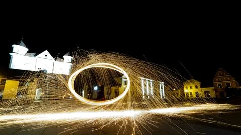 The Dance of Light and Fire in the Evening at Kedainiai Old Town  10 28 2024 Stock Photos