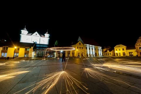 The Dance of Light and Fire in the Evening at Kedainiai Old Town  10 28 2024 Stock Photos