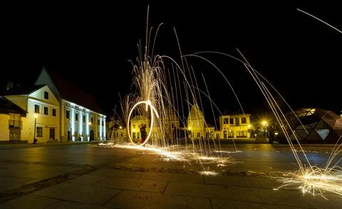 The Dance of Light and Fire in the Evening at Kedainiai Old Town  10 28 2024 Stock Photos