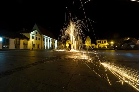 The Dance of Light and Fire in the Evening at Kedainiai Old Town  10 28 2024 Stock Photos