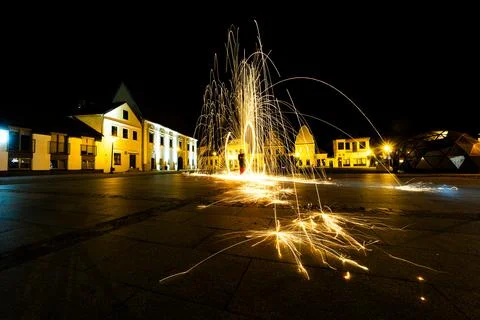 The Dance of Light and Fire in the Evening at Kedainiai Old Town  10 28 2024 Stock Photos