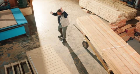 Dance, man and carpenter with tablet in workshop with good news on artisan Stock Footage 341401597