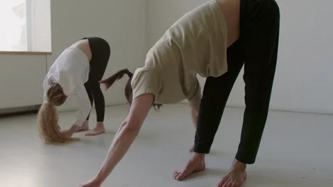 Dance Partners Doing Forward Fold Stretch before Rehearsal Stock Footage 282526530