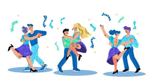 Dance party banner with dancing characters, vector. Stock Illustration