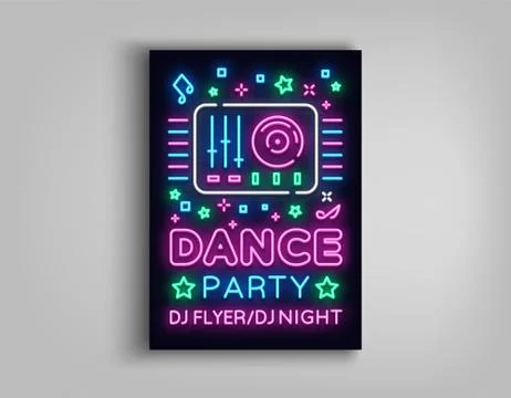 Dance party poster design template in neon style. Night party DJ neon sign Stock Illustration