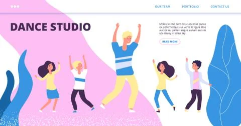 Dance studio landing page. Vector happy dancing kids and man. Flat dancer Stockillustratie