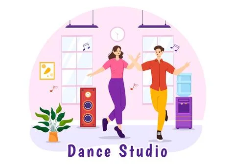 Dance Studio Vector Illustration with Dancing Couples Performing Accompanie.. Stockillustratie