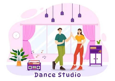Dance Studio Vector Illustration with Dancing Couples Performing Accompanie.. Stockillustratie