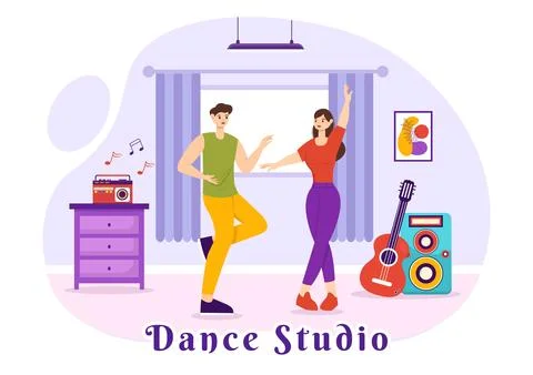 Dance Studio Vector Illustration with Dancing Couples Performing Accompanie.. Stockillustratie
