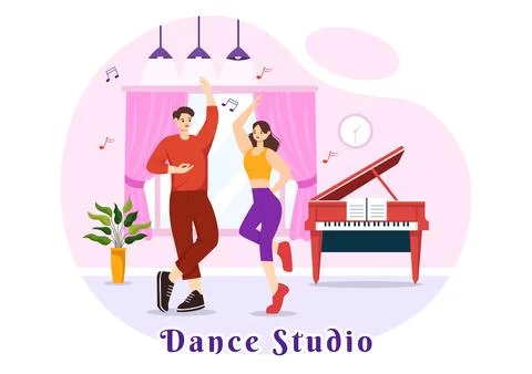 Dance Studio Vector Illustration with Dancing Couples Performing Accompanie.. Stockillustratie
