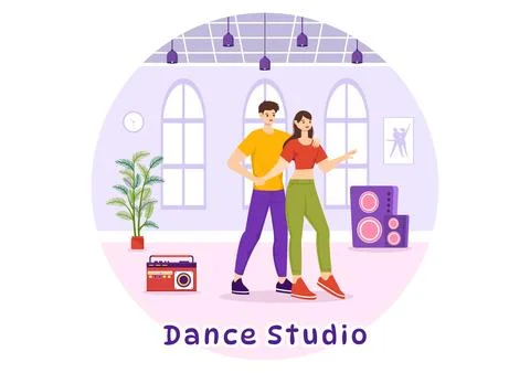 Dance Studio Vector Illustration with Dancing Couples Performing Accompanie.. Stockillustratie
