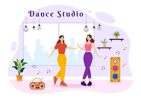 Dance Studio Vector Illustration with Dancing Couples Performing Accompanie.. Stock Illustration
