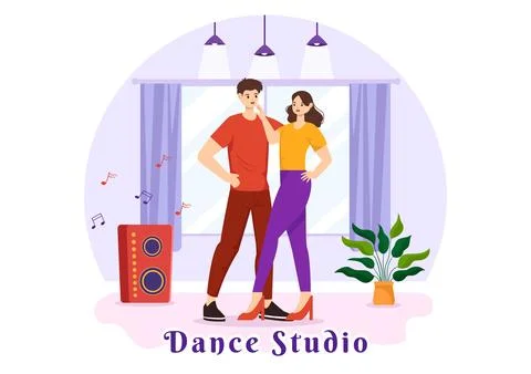 Dance Studio Vector Illustration with Dancing Couples Performing Accompanie.. Stock Illustration
