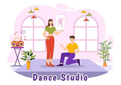 Dance Studio Vector Illustration with Dancing Couples Performing Accompanie.. Stock Illustration