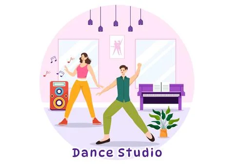 Dance Studio Vector Illustration with Dancing Couples Performing Accompanie.. Stockillustratie