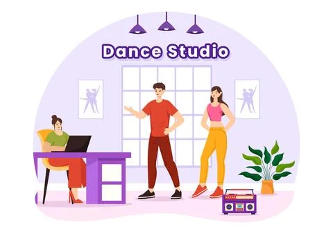 Dance Studio Vector Illustration with Dancing Couples Performing Accompanie.. Stockillustratie