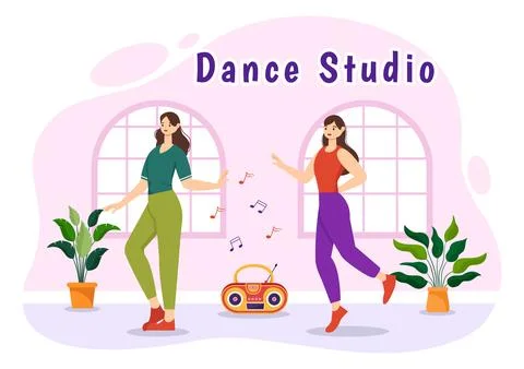 Dance Studio Vector Illustration with Dancing Couples Performing Accompanie.. Stock Illustration