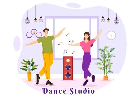 Dance Studio Vector Illustration with Dancing Couples Performing Accompanie.. Stockillustratie