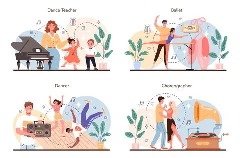 Dance teacher concept set. Choreographer in a dance studio. Dancing courses Stockillustratie