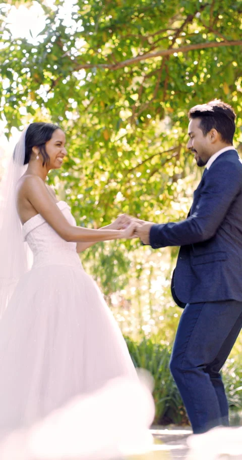 Dance, wedding or couple with laugh in park, marriage commitment or ceremony Stock Footage 336689353