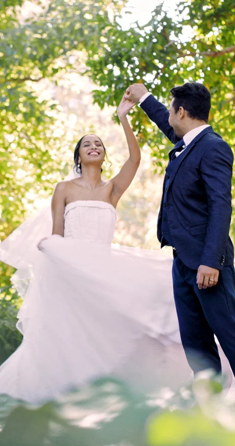 Dance, wedding or couple with smile in park, marriage commitment or ceremony Stock Footage 336695880