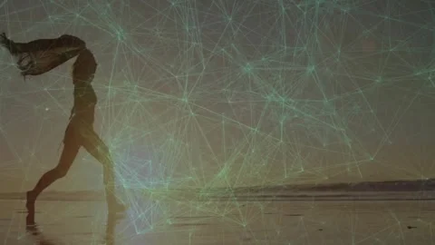 Dancer activating neon-green mesh overlay running with flowing fabric shore Video stock 326627707