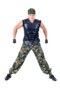 Dancer dressed soldier jumping Stock Photos