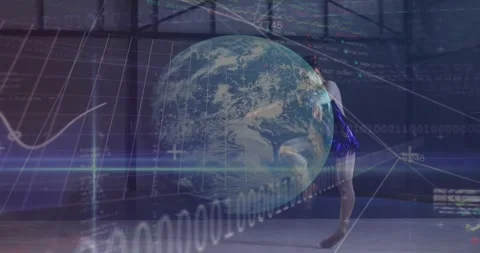 Dancer entering from right performing kicks, leaps past projected globe, Stock Footage 330380300