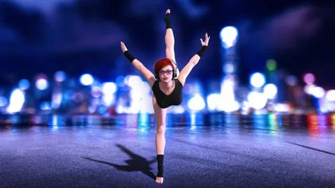 Dancer girl doing standing split exercise, redhead woman dancing, front view Illustrazione stock