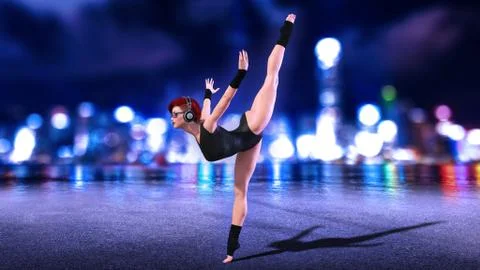 Dancer girl doing standing split exercise, dancing redhead woman with headphones Illustrazione stock