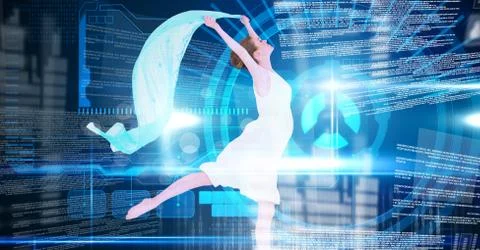 Dancer holding blue sheet with digital technology interface 写真素材