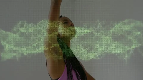 Dancer lifting and rotating, causing green band overlaying upper body and face, Stock Footage 328345839