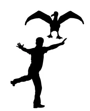 Dancer man dancing with seagull friend vector silhouette Illustrazione stock