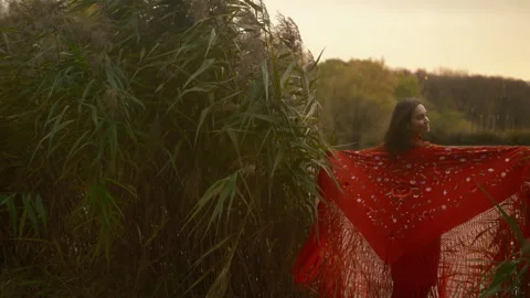 Dancer in a park, holding a vibrant red shawl Stock Footage 334618427