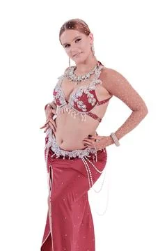Dancer in red oriental costumes dance belly dance Foto stock