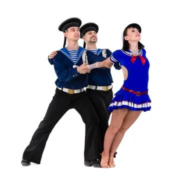 Dancer team dressed as a sailors posing on an isolated white background 库存照片
