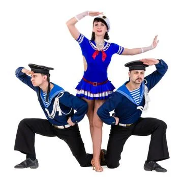 Dancer team dressed as a sailors posing on an isolated white background Stock Photos