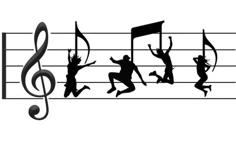 Dancers appear as musical notes on a treble clef with treble clef symbol and Illustrazione stock