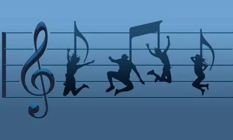 Dancers appear as musical notes on a treble clef with treble clef symbol and Stock Illustration