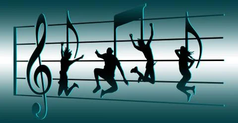 Dancers appear as musical notes on a treble clef with treble clef symbol and Stock Illustration