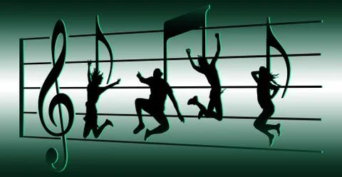 Dancers appear as musical notes on a treble clef with treble clef symbol and Stock Illustration