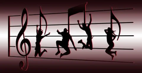 Dancers appear as musical notes on a treble clef with treble clef symbol and Stock Illustration