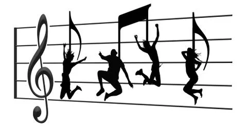 Dancers appear as musical notes on a treble clef with treble clef symbol and Stock Illustration