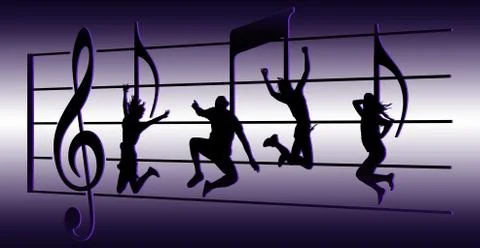 Dancers appear as musical notes on a treble clef with treble clef symbol and Stock Illustration