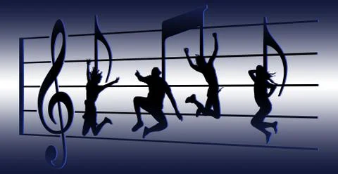 Dancers appear as musical notes on a treble clef with treble clef symbol and Stock Illustration